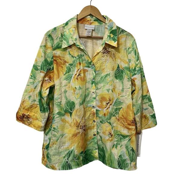 Alfred Dunner Floral Embroidered 3/4 Sleeve Button Down Top Size XL Artsy NWT - Picture 1 of 9